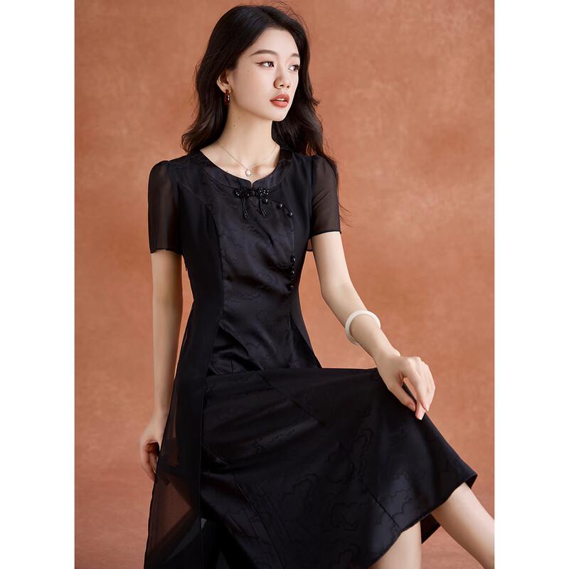 

New Chinese Style Qipao Knot Button Lace Stitch Black Dress 3XL