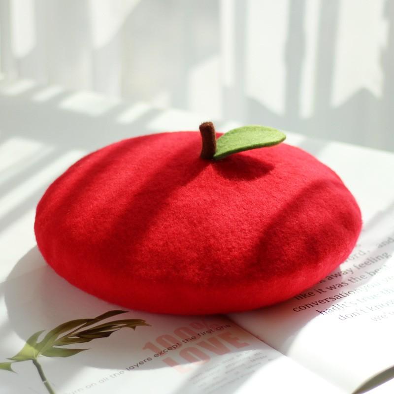 Womens Wool Blend Beret Hat With Fruit Cartoon Print - Soft Pastel Farmhouse Style Foldable Adjustable