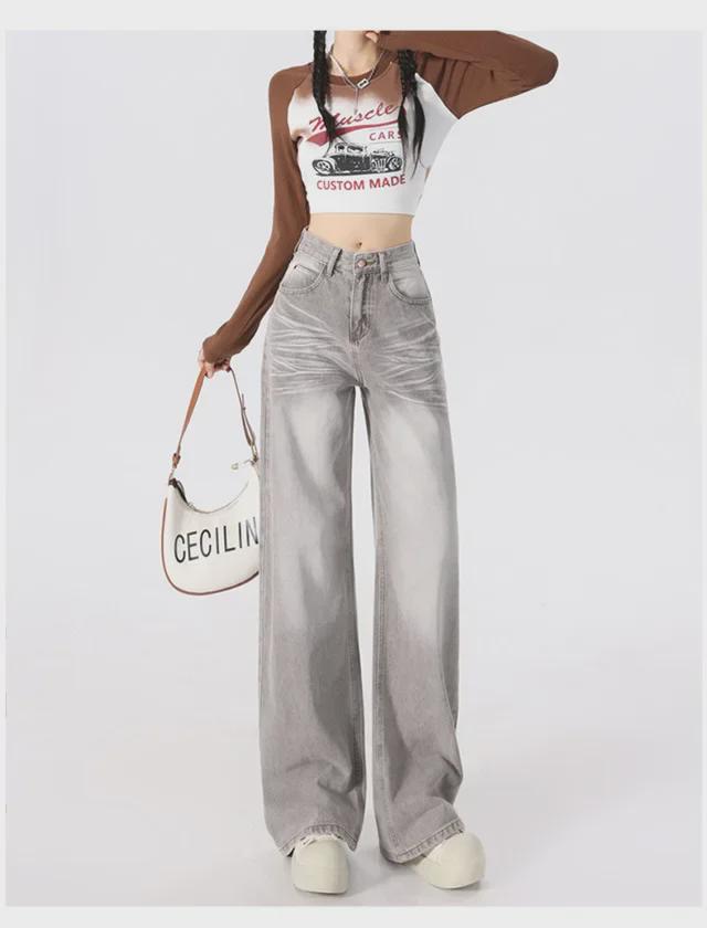 Women's Gray Corrugated Wide-Leg Jeans - 2024 Autumn Lazy Street Style