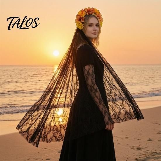 Black Lace Veil Headband Gothic Style Hair Hoop, Hollow See-Through with Simulated Flowers And Photo Accessory Veil, Halloween Day of The Dead