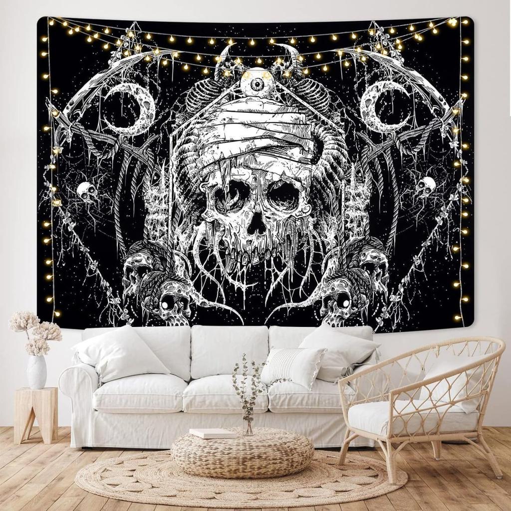 Vikama Gothic Skull Tapestry Black White Minimalist Wall Hanging For Bedroom Headboard
