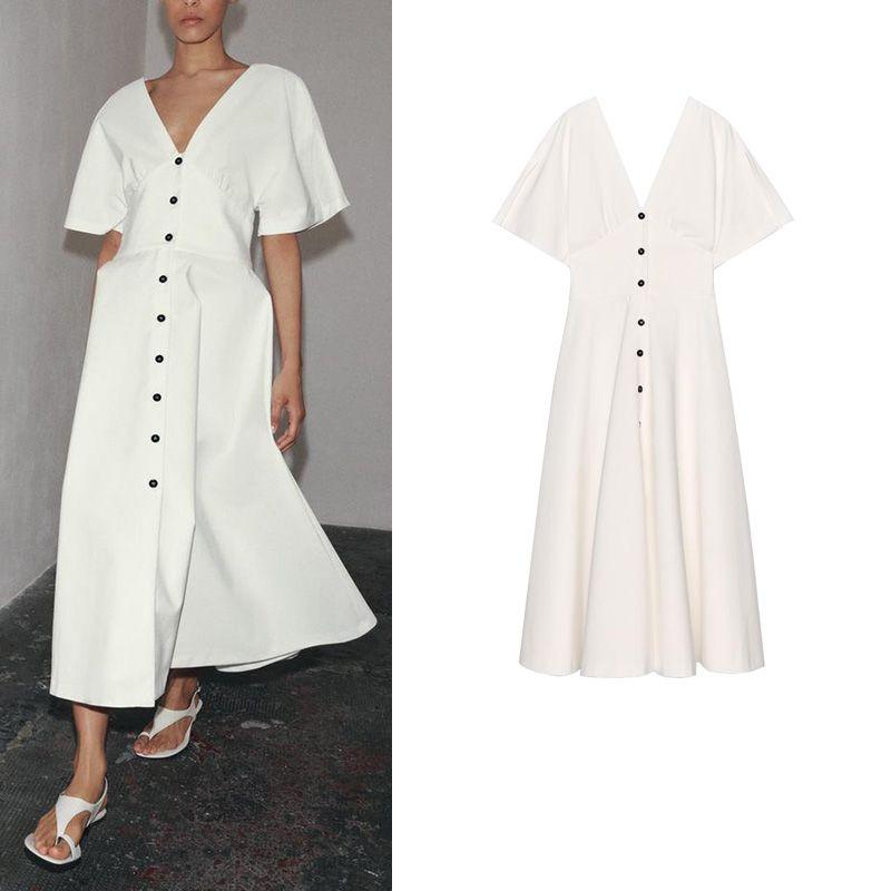 Summer Women's Clothing Minimalist Cotton Blend A- Line Hem Button Decoration V Neck Midi Skirt Dress 3242512