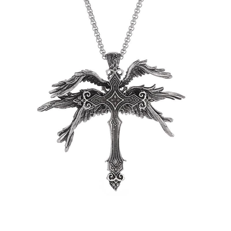 Retro Fiery Angel Wings Cross Necklace - for Both Men and Women. Personalized Wings Alloy Pendant for Sweater. Chain