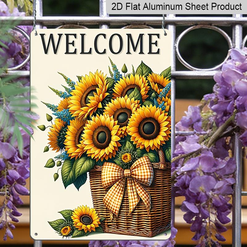 2D Flat Aluminum Plaque, Welcome Sunflower Basket Sign, 8x12 Inch, Farmhouse Rustic Floral Decor, Porch & Entryway Wall Art