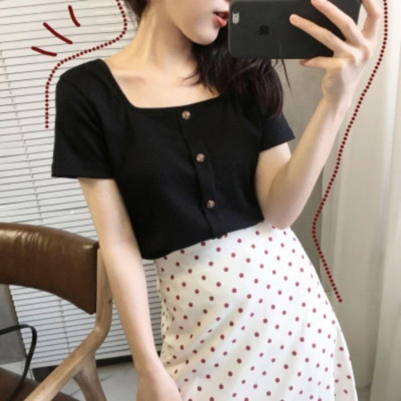 Retro Summer Slim Short Section Square Neck Knit Shirt Short-sleeved T-shirt Female Yankee Heart Machine Exposed Collarbone Tops Casual Pullovers Tees