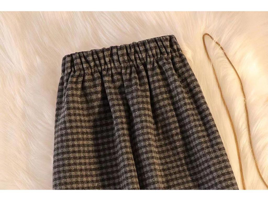 Plaid Tweed High Waist Midi Skirt - Korean Style, Thickened, Warm, Elastic, with Slit.