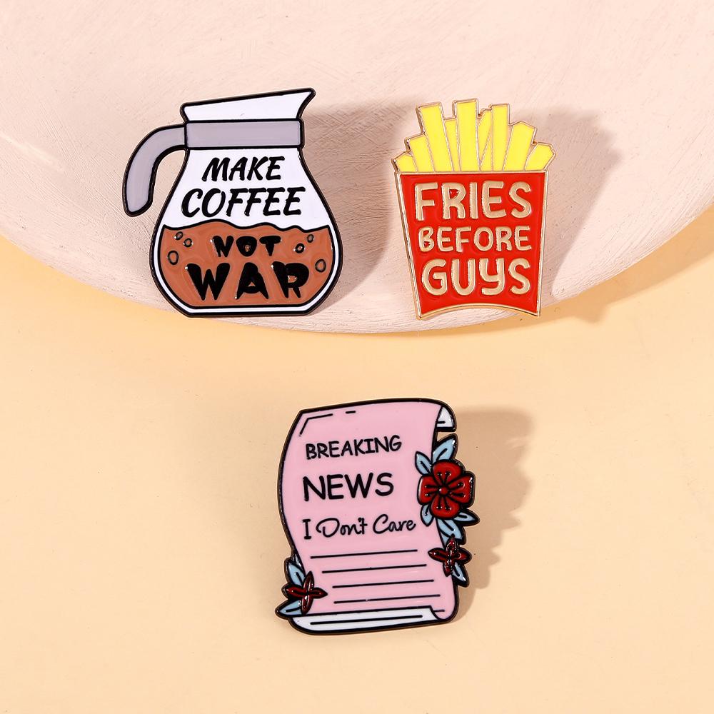 Funny OL Coffee Break Theme Enamel Brooches Newspapers French Fries Make Coffee Not War Design Pins For Women Dress Badge