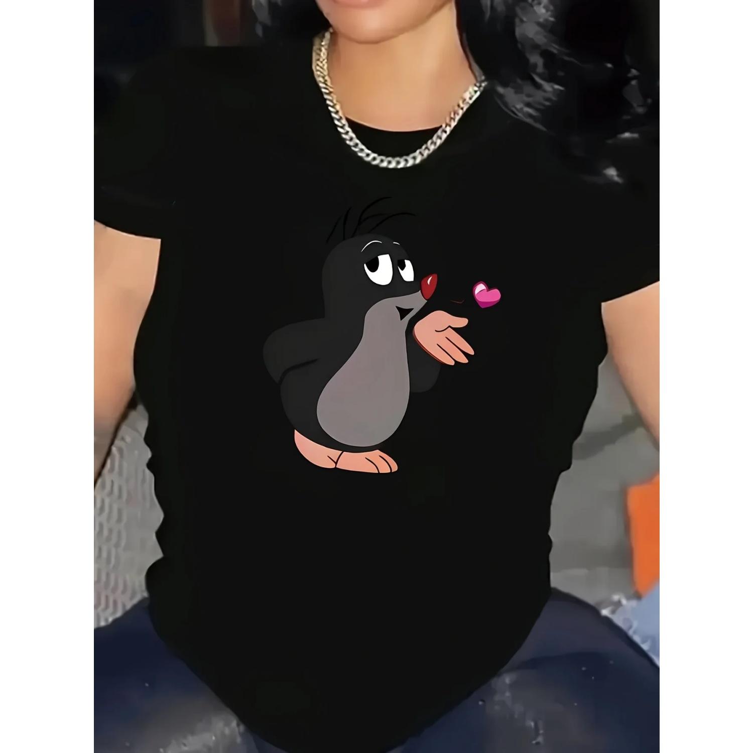 

Comfortable Round Neck Sleeves Breathable Women S Casual Cartoon Printed T-Shirt S чёрный