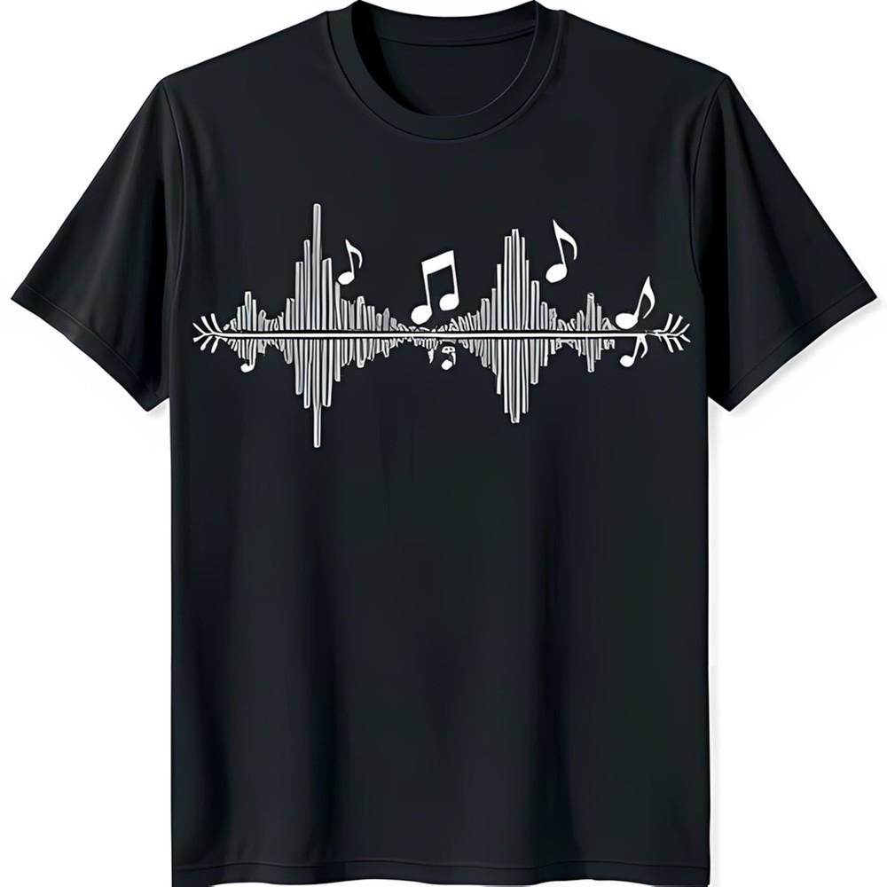 Stylish Black TShirt With Unique White Sound Waves And Musical Notes Design S