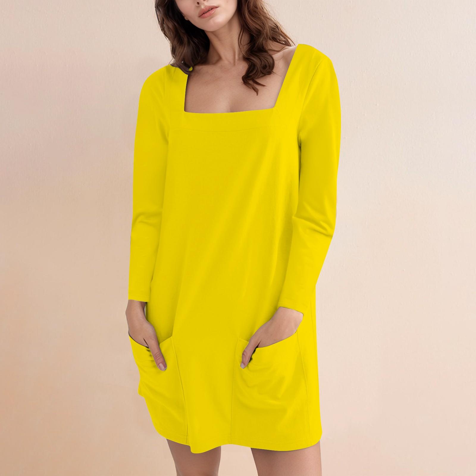 

Женское модное повседневное однотонное короткое платье с квадратным вырезом и длинным рукавом XL жёлтый