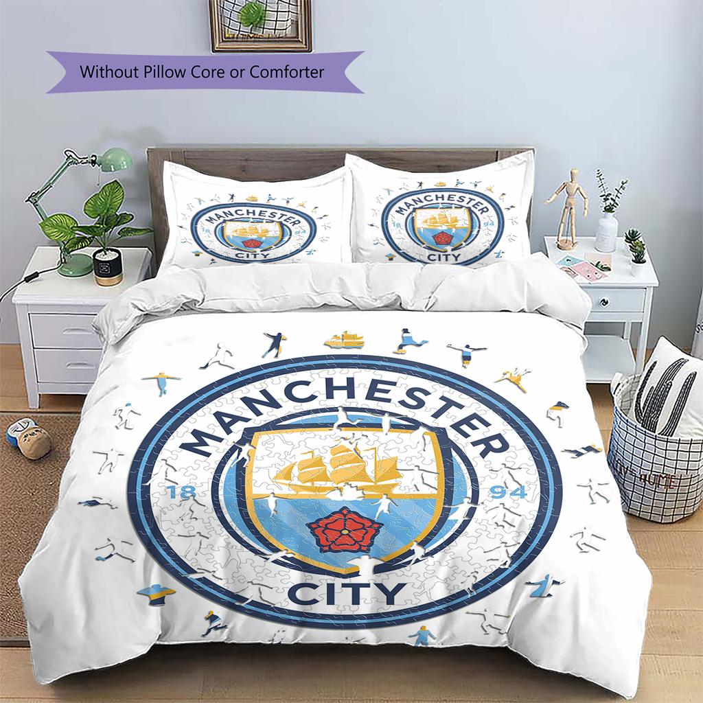 Manchester City FC Pattern Bedding Home Decoration Birthday Gift (1 * duvet cover + 2 * pillowcase, without core)