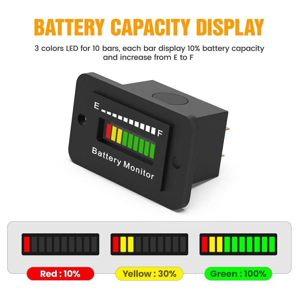BM210 12V 24V 36V 48V 60V 72V Battery Meter, Waterproof LED Batterys Voltage Display Acid&Lithium Battery Gauge Meter for Golf Cart EZGO Club CAR and