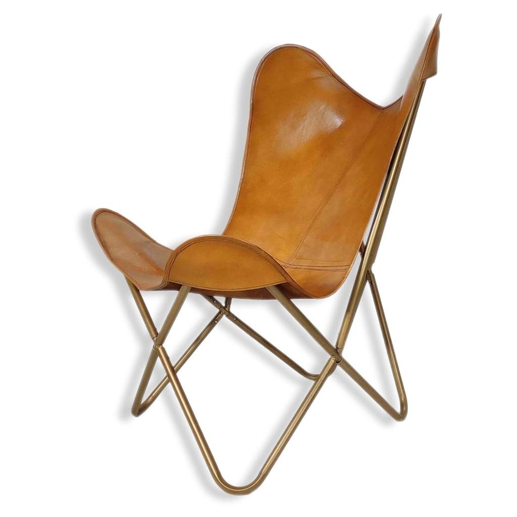 Recliner Folding Tan Brown Leather Butterfly Chair - Comfortable Arm Rest Relaxing Butterfly Chair - with Golden Powder Coated Iron Stand