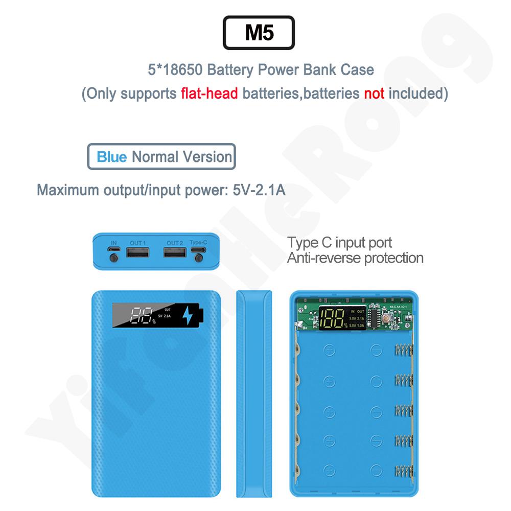 5*18650 Power Bank Case Dual USB For Mobile Phone Charger DIY Shell 18650 Battery Holder Charging Box With LED Flashlight