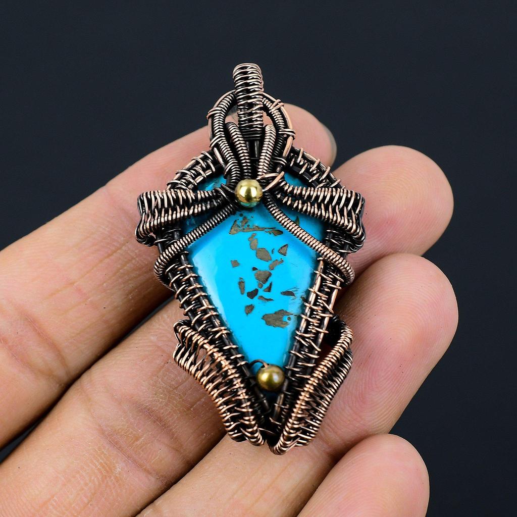 Irani Turquoise Gemstone Copper Wire Wrap Handmade Pendant Jewelry Gift For Love