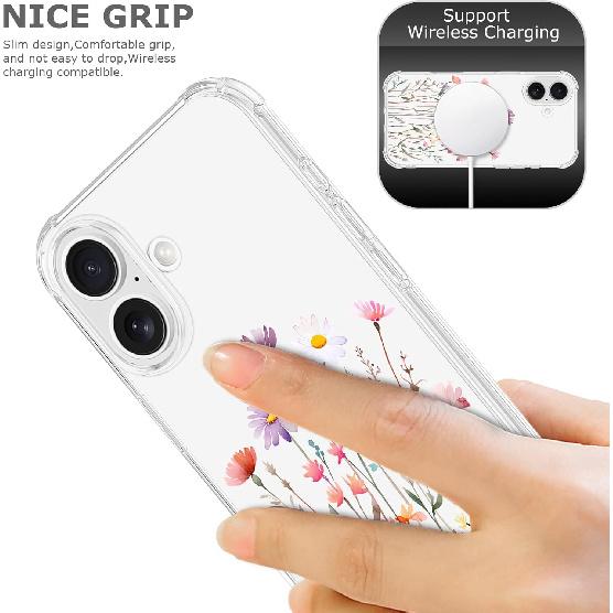Floral Clear Case for iPhone 16 for Women Girls,Cute Flowers Design Phone Cover,Slim Soft Transparent Drop Proof Pretty Flower Print Pattern TPU