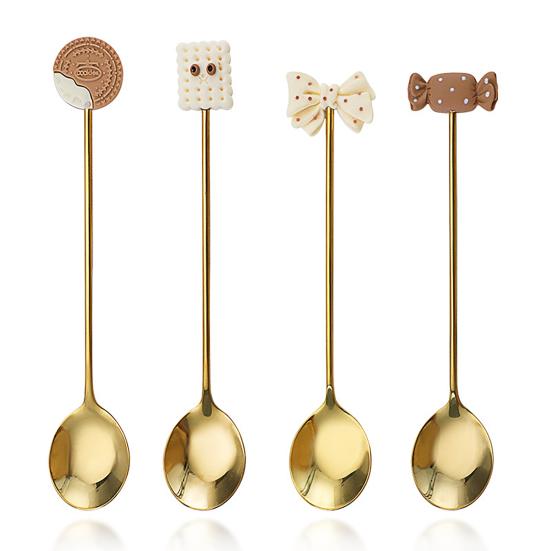 Dessert Spoon Long Handle Food Grade Stainless Steel Cute Cookie Bowknot Design Coffee Stirring Spoon