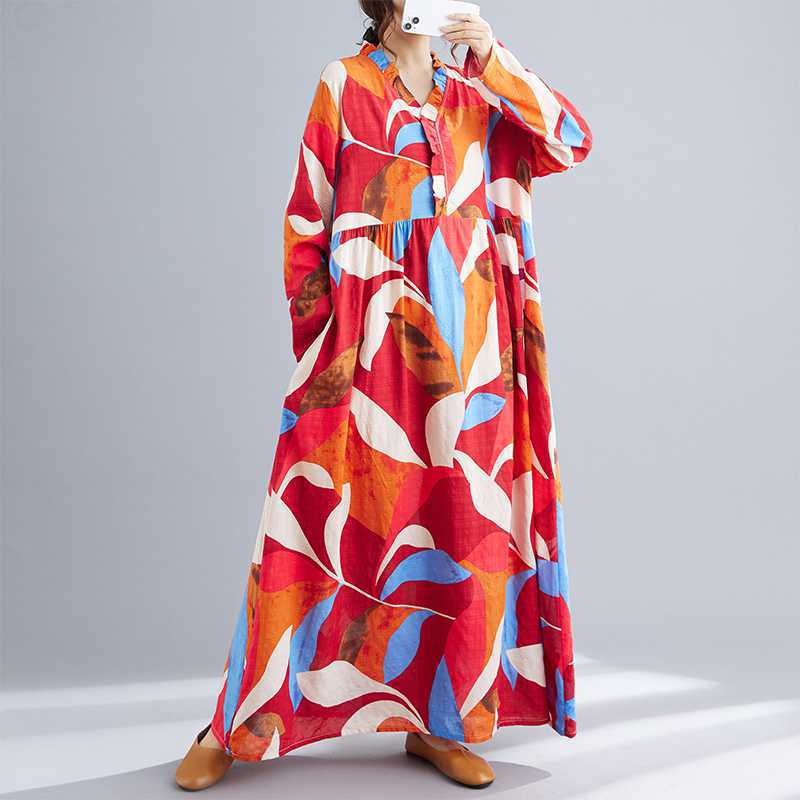 

Актуальные новинки 2025 года в стиле ретро с принтом в стиле бохо, свободные платья с длинными рукавами L