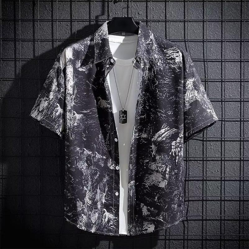 Short-sleeved Shirt Men's Ice Silk Breathable Summer Trend Printed Shirt Half-sleeved Inch Shirt