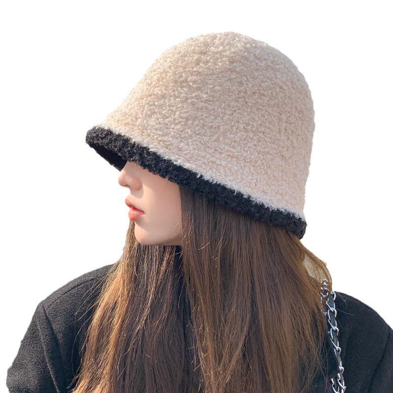 Autumn and Winter Hat Women's Imitation Lamb Plush Color Matching Bucket Hat Winter Warm Bucket Hat Fashion Basin Hat