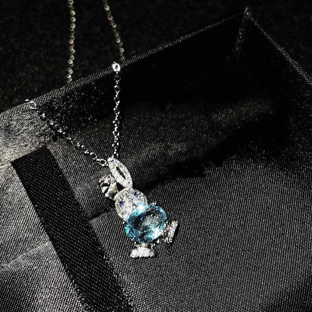QTT Cute Rabbit Jewelry Set 925 Sterling Silver Necklace Ring Earrings Set Jewelry Set Blue Cubic Zirconia Birthday Gift