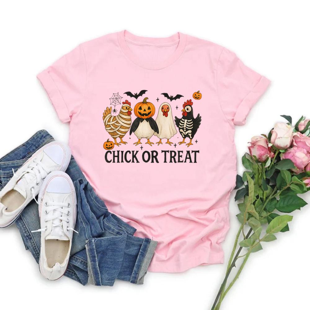 Chick or Treat T-Shirt Spooky Chicken Halloween Tshirt Unisex Short Sleeve Graphic T Shirts Funny Halloween Chicken T-Shirts Top