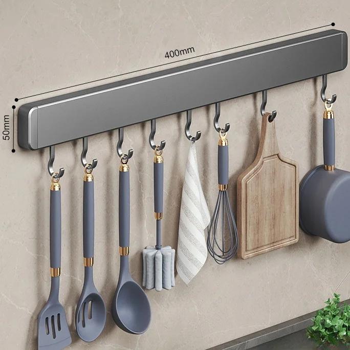Non-perforated Kitchen Storage Rack Wall Mounted Shelves Kitchen Utensil Accessories with Movable Hook Spoon Holder Organizer