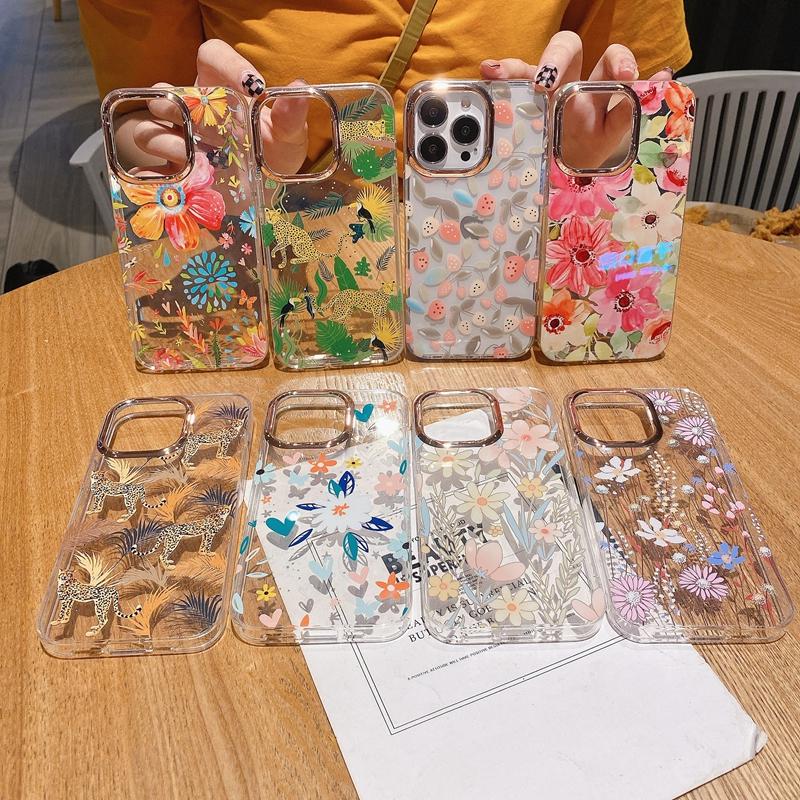 Fashion Flowers Transparent Phone Case For Iphone 11 12 13 14 Pro Max Plus Shockproof Bumper Back Cover