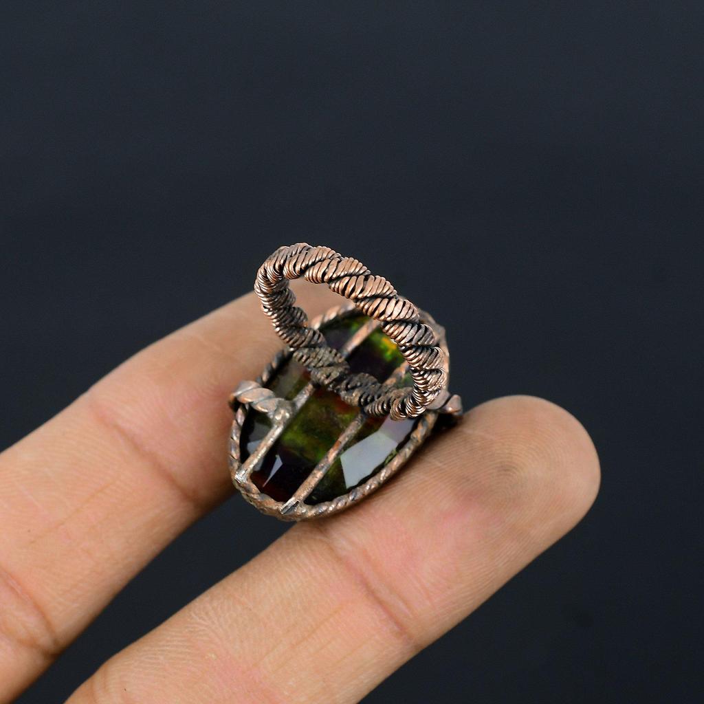 Ammonite Gemstone Copper Wire Wrapped Handmade Jewelry Ring For Her All Size