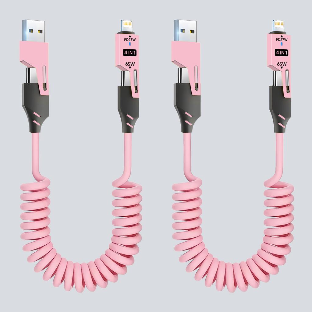 1/2PCS 4-in-1 Spring Data Cable & 65W Quick Charger: 6A USB Type-C Telescopic Wire Compatible with iPhone/iPad/MacBook/Huawei