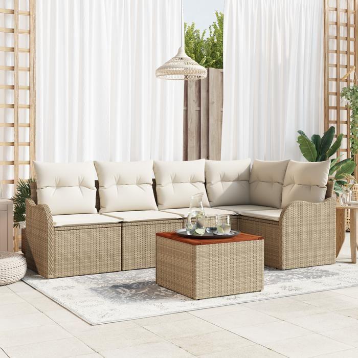 Ensemble de canapé de jardin 6 pièces avec coussins beige poly rattan acacia, Canapé de jardin 2 places avec rangement 3356125