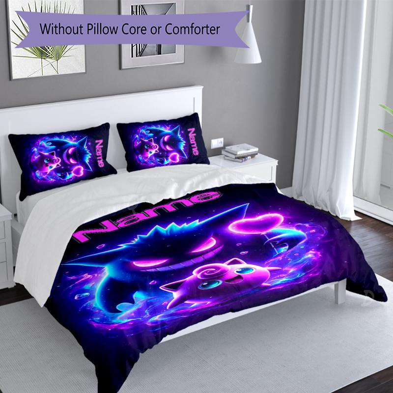 3pcs Custom Name Pokémon Gengar Bedding Set,Includes 1 Duvet Cover and 2 Pillowcases,All-season Bedroom Decor
