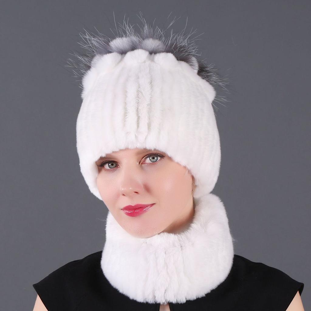 Women's New Rex Rabbit Short Dye Plus Black Fox Hair Hat Scarf Two-piece Set, Winter Warm Woven Fur Hat
