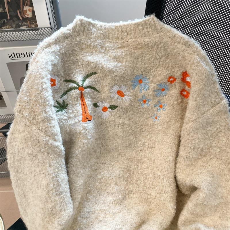 Flower embroidery women's cardigan Stand up collar single breasted knitted sweater New Woman American Trendy Autumn Top