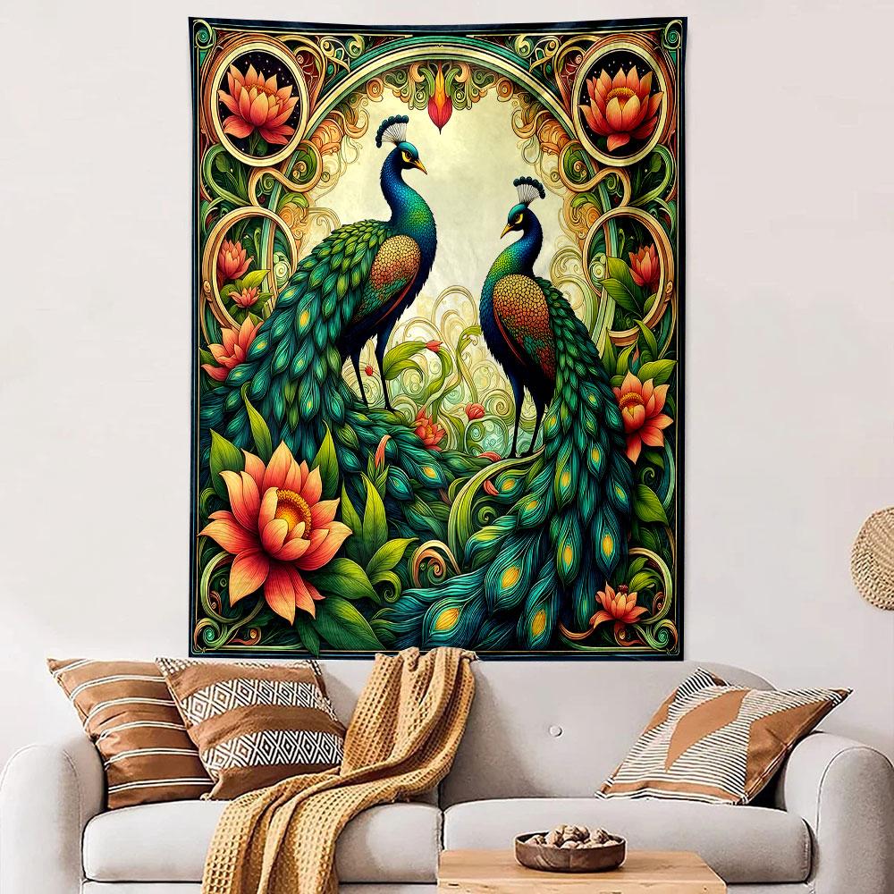 "Peacocks with Lotus Flowers Design" Patterned tapestry home decor, suitable for bedroom and living room, gift