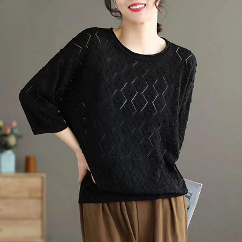 Women's Plus Size Knit Sweater Spring Autumn Summer Solid Round Neck Knit T-Shirt Vintage Short Sleeve Thin Knit Pullover Top