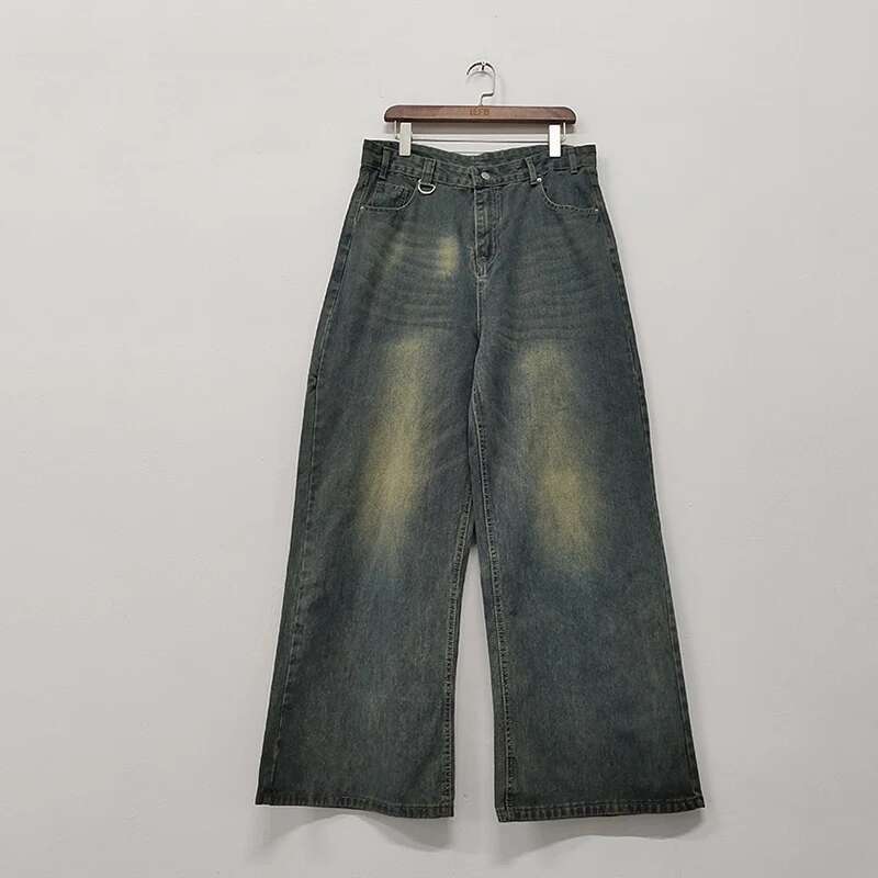 Men's Denim Pants Old Blue Washed Male Jeans Straight Casual Menwear Loose Wide Leg Trousers New Fashion