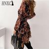 HNXC Women Summer Chiffon Floral Print V Neck Long Sleeve Slim Fit Flouncing Dress