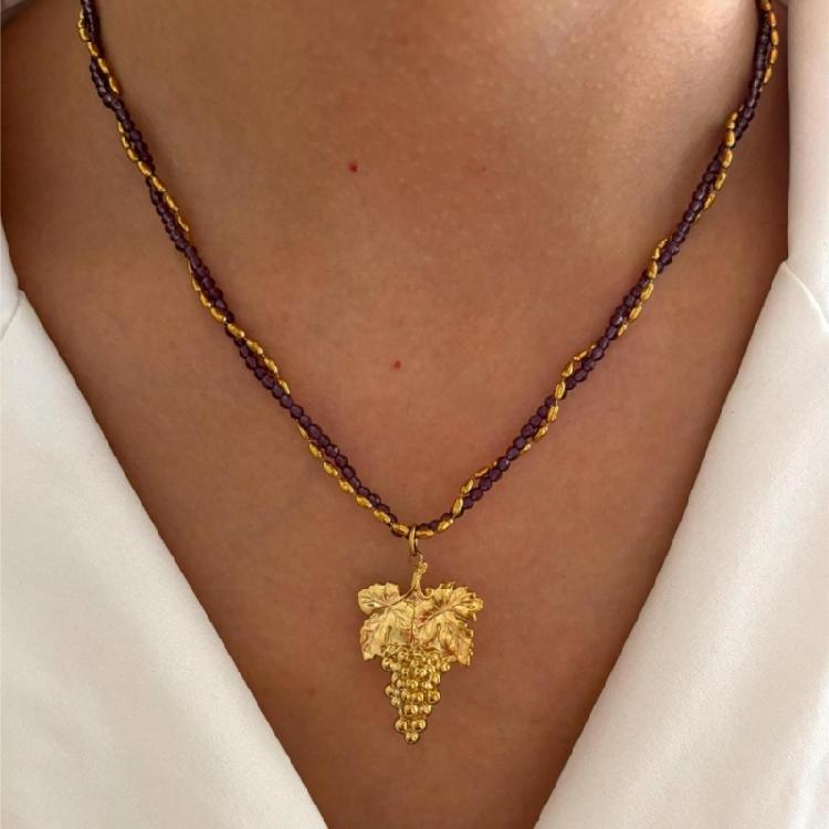 Modern Stainless Steel Necklace with Heart Flower/Grape Charm Crystal Beads Adjustable Closure Neckchain Accessory
