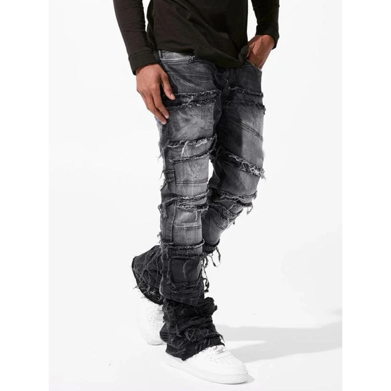 Jeans a zampa impilata da uomo Slim Fit Strappati Patch Usurati Distrutti Denim Retrò Pantaloni Hip Hop Street Pantaloni con Sovrapposizione Micro