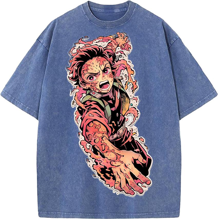 Japan Anime Demon Slayer Kamado Tanjirou Printed Tshirt Men Casual Cotton T-shirts Vintage Washed Tee Harajuku Male T Shirt