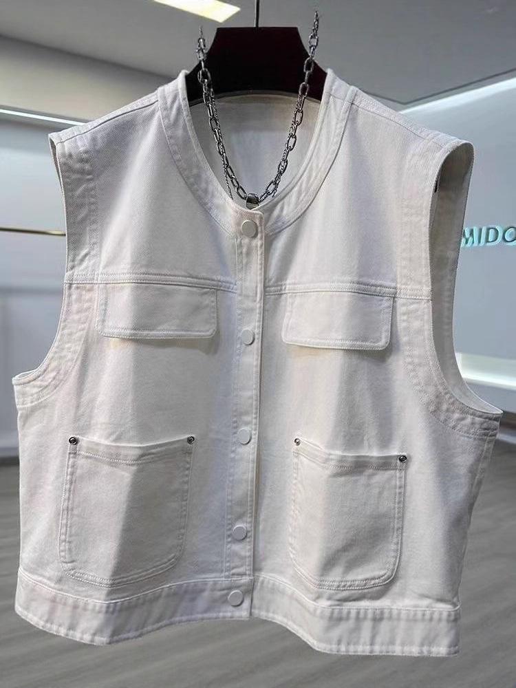 2025 Spring Korean Style Sleeveless Denim Vest – Casual, Versatile, Round Neck Petite Women's Top