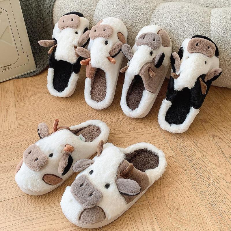 Fashion Womens Cotton Slippers Cartoon Cow Couple Non-Slip Warm Indoor Home Slippers Plush Fluffy 2025 Winter Comfortable Floor Slippers