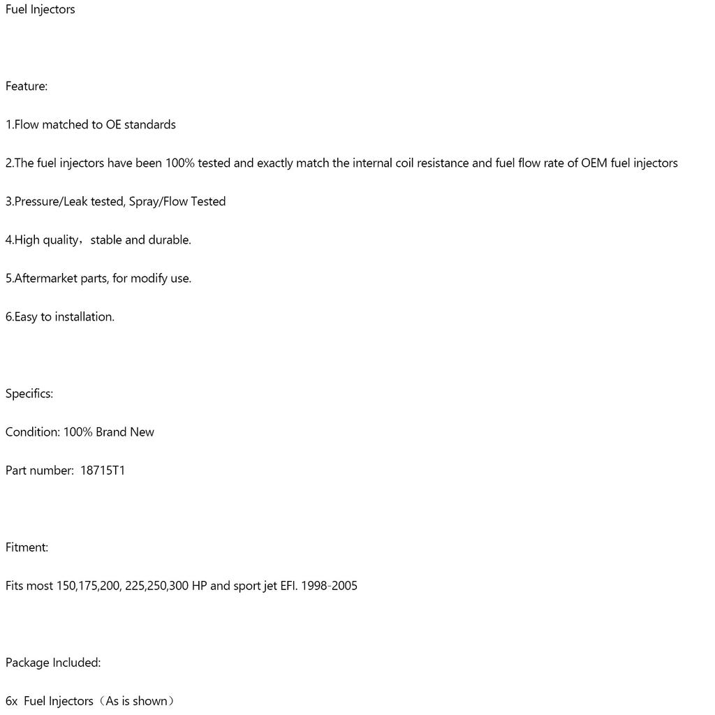 6PCS 18715T1 Fuel Injectors For Mercury Outboard 150 175 200 225 250 300 HP 98-05