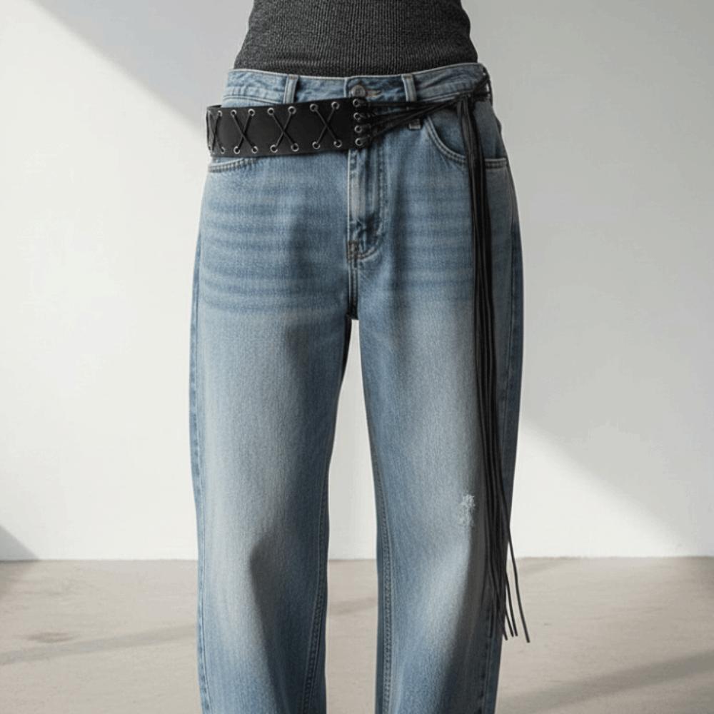 Wide Side Black Punk Belt Lace-up Straps Tassel Belt Leather Waist Chain Men Waist Decoration
