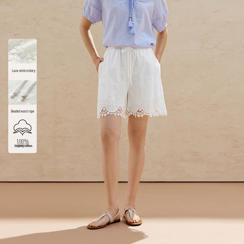 INMAN Women s Pure Cotton French Lace Embroidered Beaded Drawstring Wide-Leg Shorts S