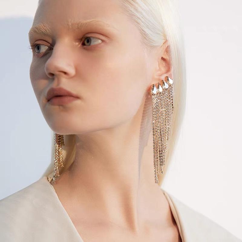 925 Silver Needle Multifaceted Chain Tassel Earrings with Diamonds for Women - European and American Statement Jewelry