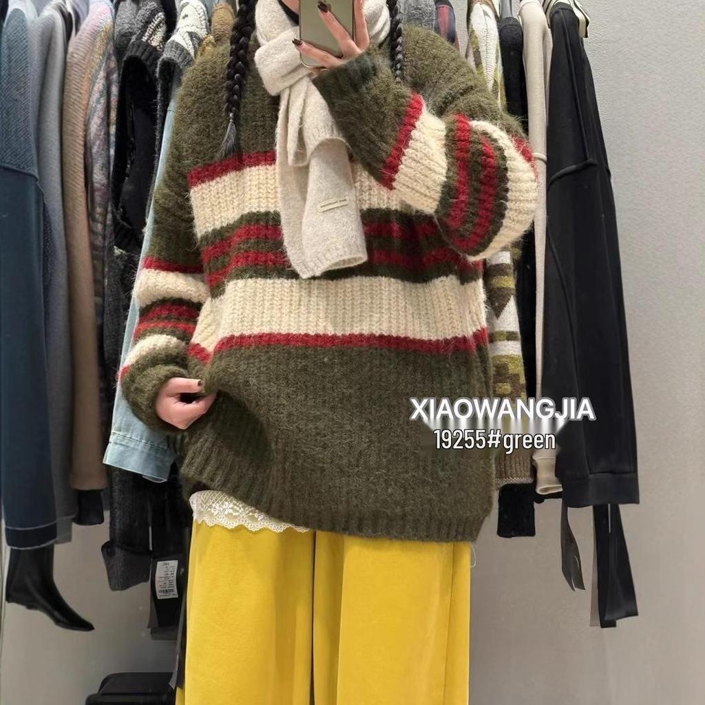 Xiao Wangs Winter Koreanischer Stil Übergröße Lässiger Colorblock Gestreifter Pullover