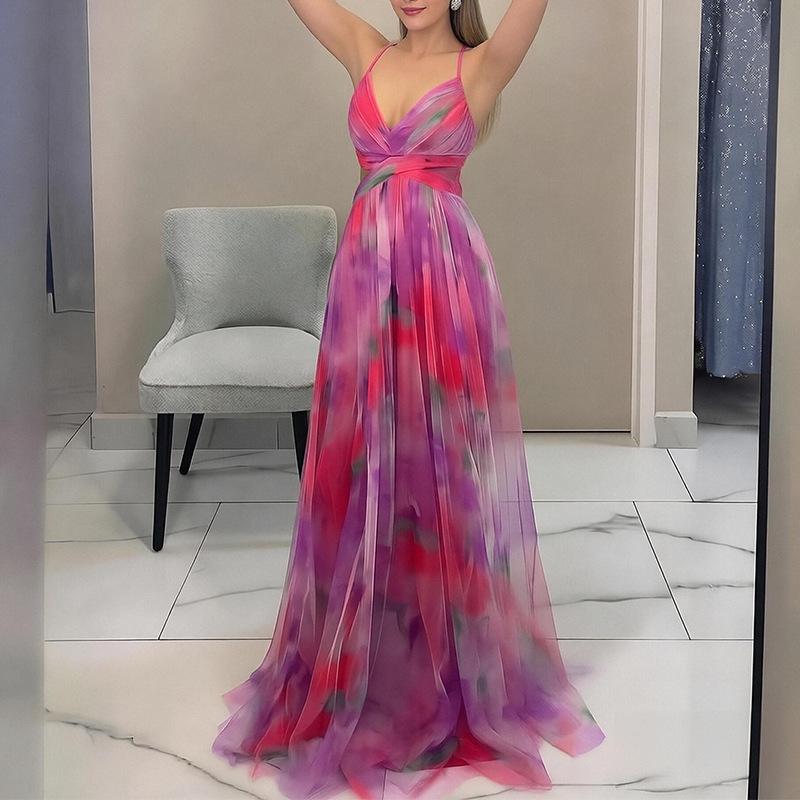 2026 Spring Women's Colorblock Print V-Neck Spaghetti Strap Long Dress