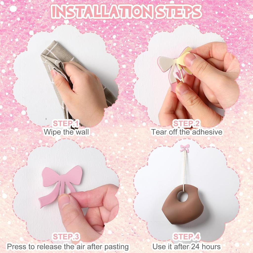 6 Pcs Pink Bow Decorative Wall Hooks Metal Strong Adhesive Wall Door Hanger Coquette Room Decor Cute Towel Coat Hooks Preppy Hanging Decor for Home